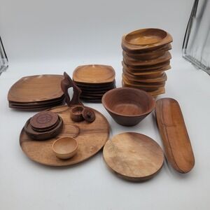 VTG Wooden Tableware Set 30pc MCM Plates Bowls‎ Trays 2 Oregon Myrtlewood